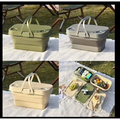 3 in 1 Foldable Collapsible Camping Hand Basket Picnic Basket That Converts to Table, Storage Unit, and Cutting Board