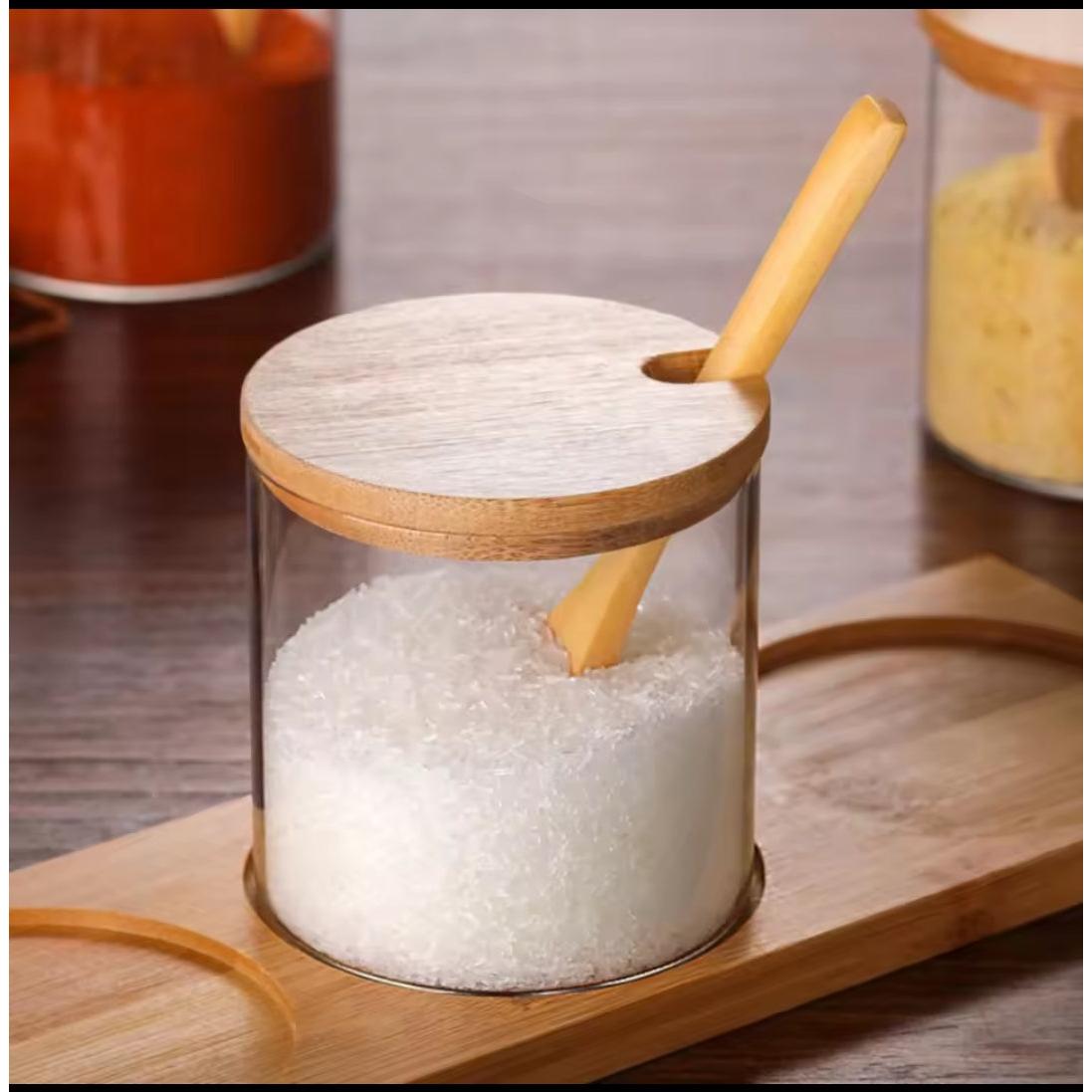 3 in 1 Glass Spice Condiment Set with Bamboo Lid & Holder 350ml Jars