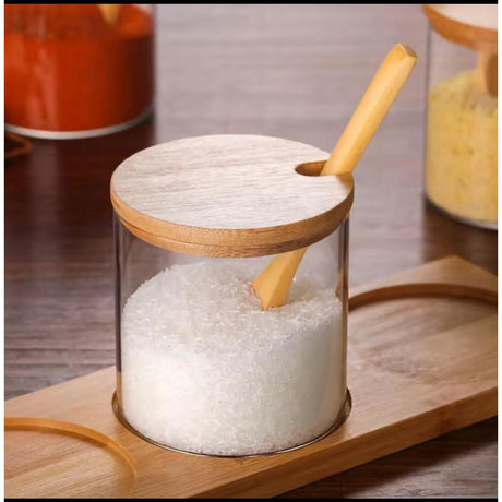 3 in 1 Glass Spice Condiment Set with Bamboo Lid & Holder 350ml Jars
