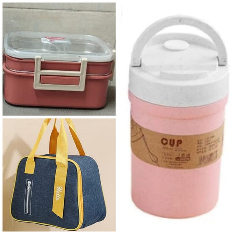 3 in 1 Microwaveable Lunch Box Combo Set Stainless Steel Compartments, Bottle & Insulated Bag.