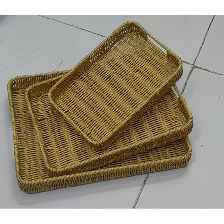 3 in 1 Rattan Trays Set of 3 – Woven Oval and Rectangular Decorative Trays for Rustic Breakfast, Drinks, Snack, and Bread Serving
