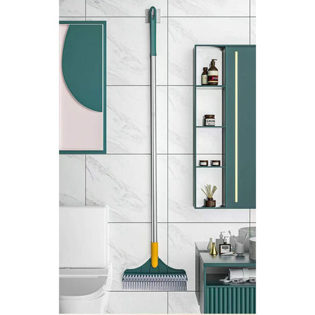 3 in 1 V Shaped Floor Scrubbing Brush with Broom & Squeegee 180° Rotatable Long Handle, Stiff Bristles, and Scraper for Corners