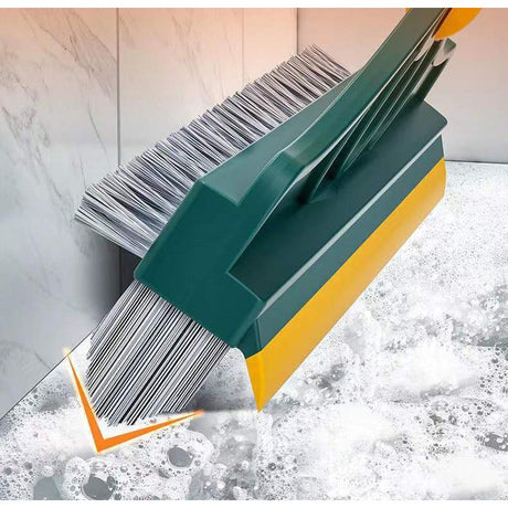 3 in 1 V Shaped Floor Scrubbing Brush with Broom & Squeegee 180° Rotatable Long Handle, Stiff Bristles, and Scraper for Corners