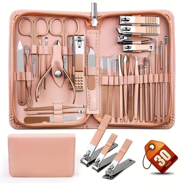 30pcs Multicoloured Nail Clipper Set with Leather Case – Complete Grooming Kit