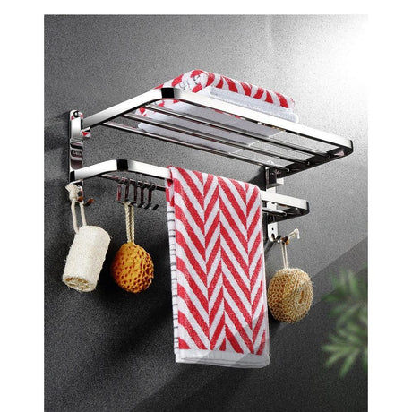 304 Stainless Steel Bathroom Wall Mounted Towel Rack with Hooks 60cm Long Silver