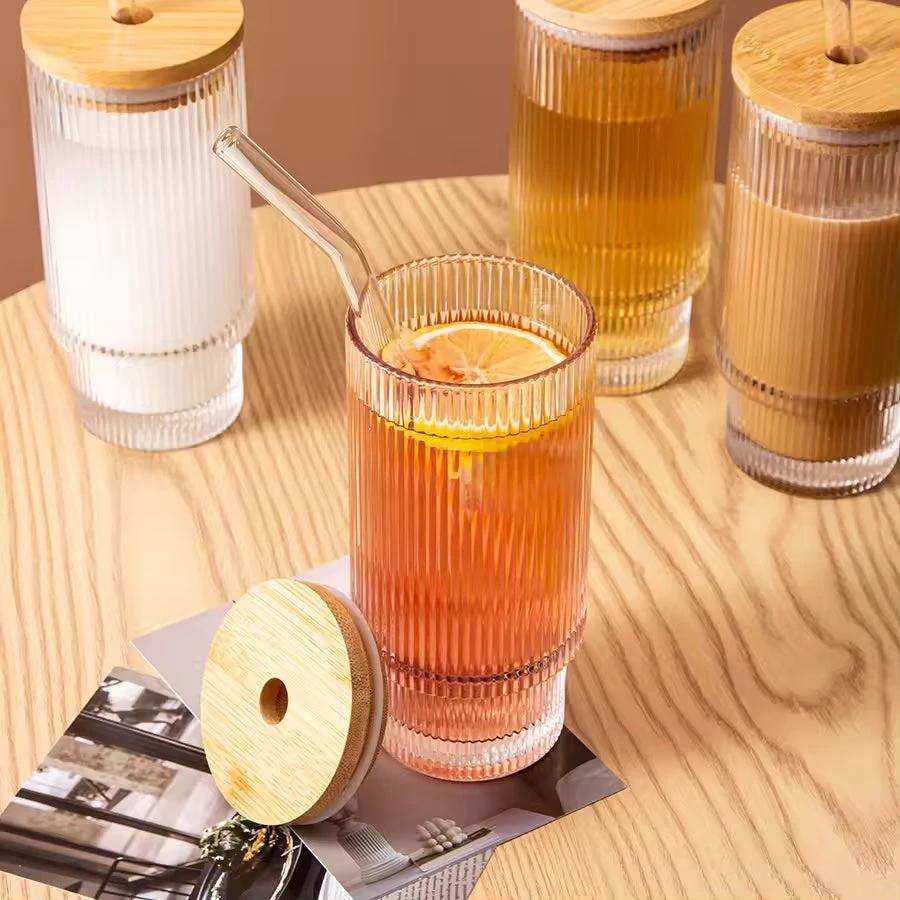 350ml Ribbed Borosilicate Glass Tumbler with Bamboo Lid & Straw Drinkware Tumblers