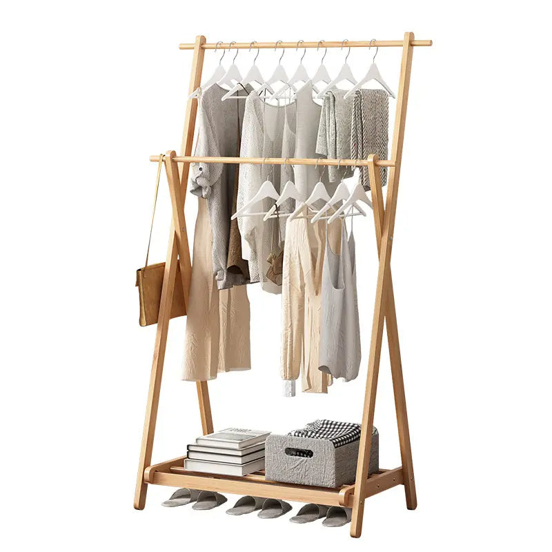 Foldable Bamboo Cloth Hanging Rack | Double Layer Free Standing Coat Rack with Side Hooks