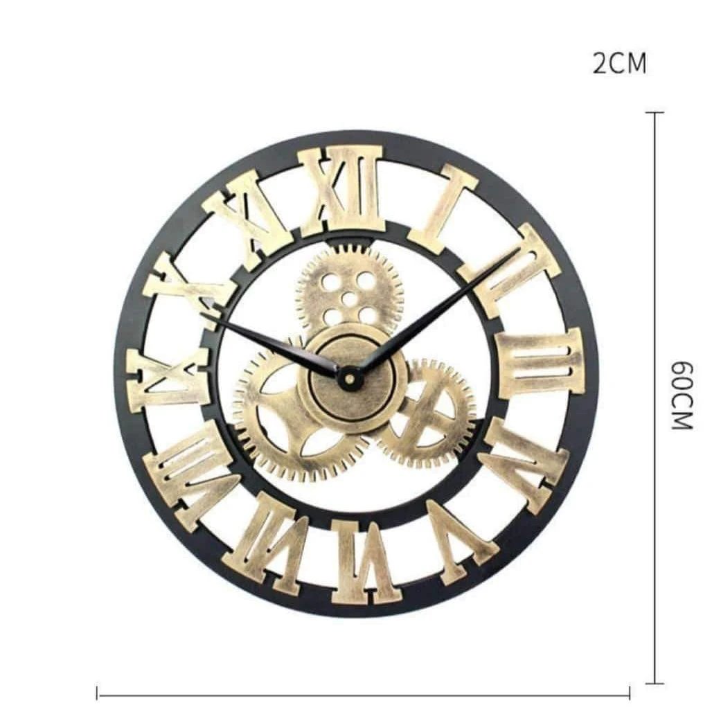 3D Roman Vintage Gear Pocket Wall Clock Gold, Antique Style Living Room Decor