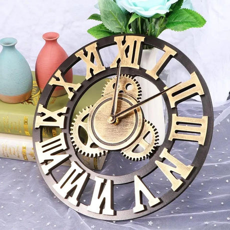 3D Roman Vintage Gear Pocket Wall Clock Gold, Antique Style Living Room Decor