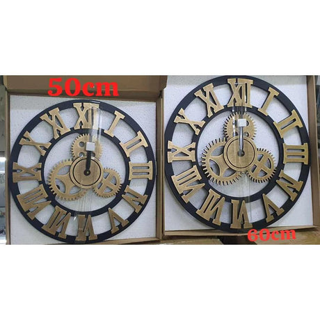 3D Roman Vintage Gear Pocket Wall Clock Gold, Antique Style Living Room Decor