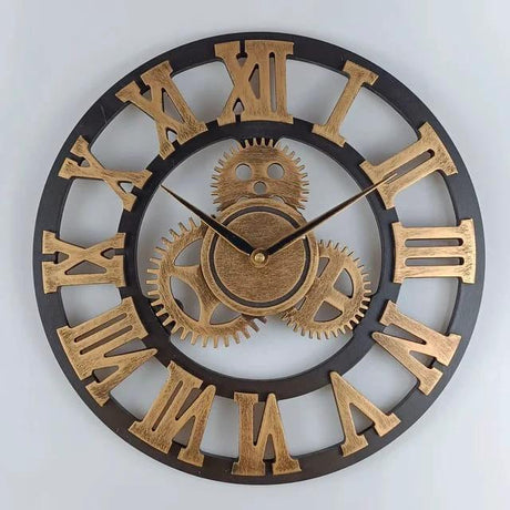 3D Roman Vintage Gear Pocket Wall Clock Gold, Antique Style Living Room Decor