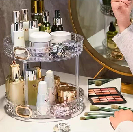 2-Tier Diamond Acrylic Rotating Organizer | Lazy Susan | Clear with Gold Handles – 27.5cm
