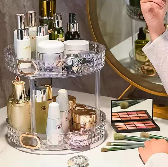 2-Tier Diamond Acrylic Rotating Organizer | Lazy Susan | Clear with Gold Handles – 27.5cm