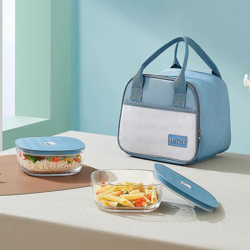 3PCS Set Insulated Lunch Bag & 2 Glass Microwave Safe Snack Boxes Kids essential Lunch Bags