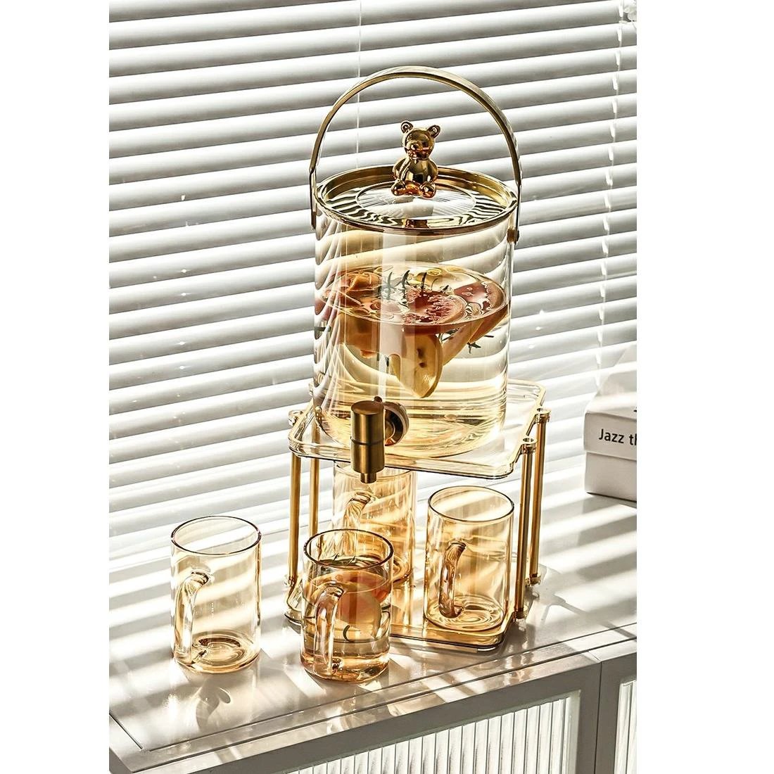 3.6L Luxury Glass Cold Water Jug with Faucet – Large Capacity, High Temperature Resistant, Includes 4 Mugs tableware Serving Pitchers & Carafes