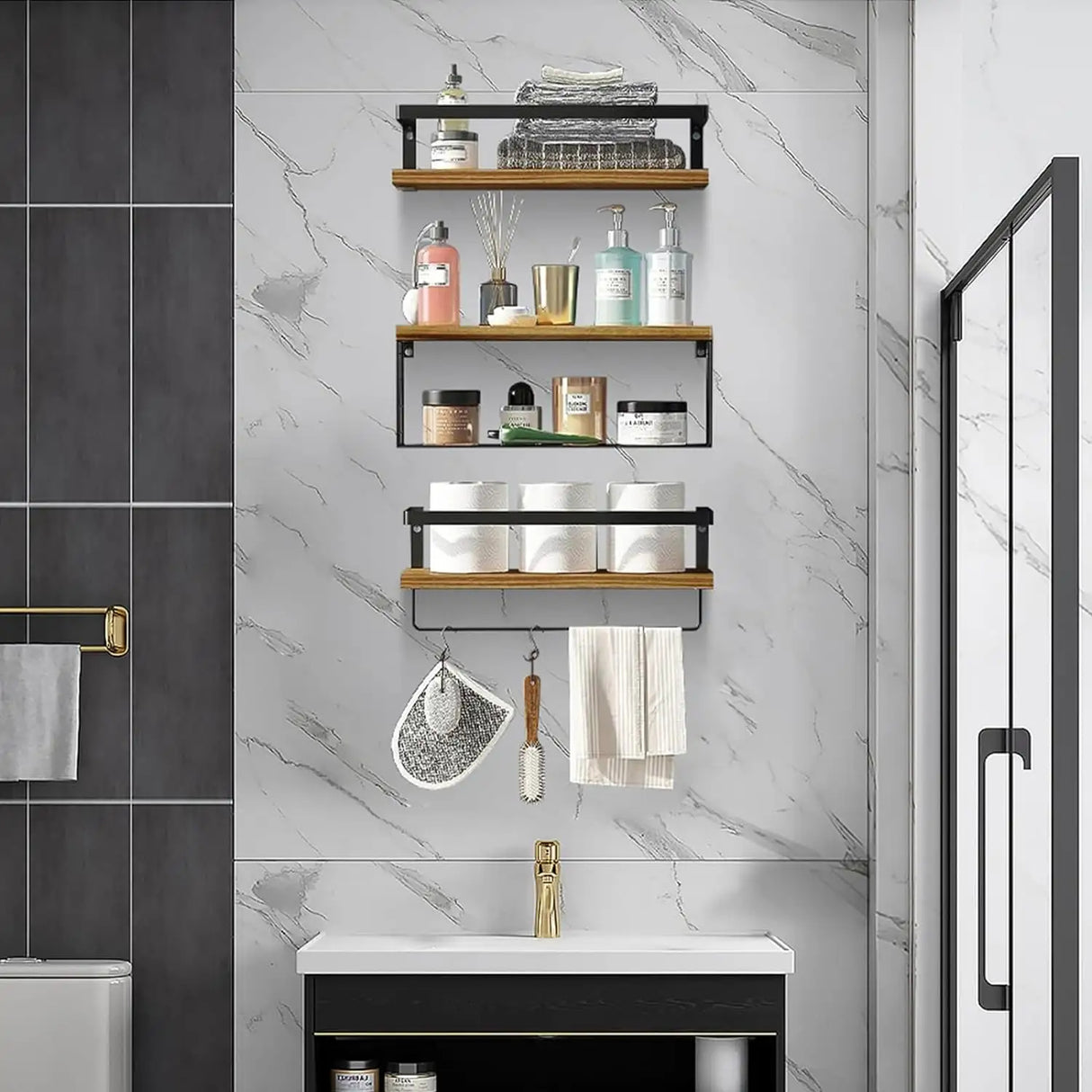 Set of 3 Rustic Wall Mounted Floating Shelves with Towel Rack- Furaha Finds Kenya