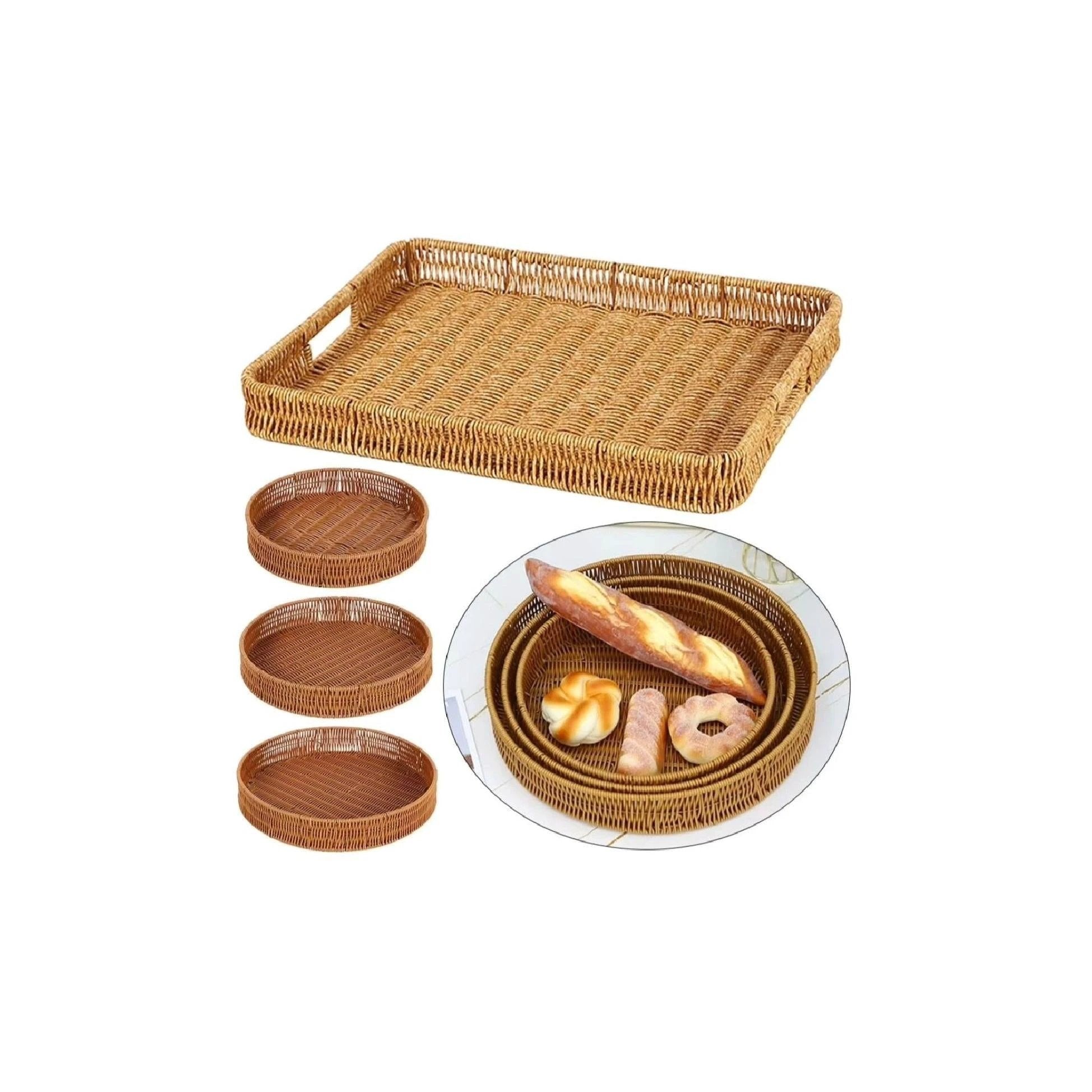 3in1 Handwoven Rattan Decorative Trays | Available in Rectangular and Circular Shapes | Ideal For Living Room, Kitchen, Or Dining Room Decor Serving Ware Decorative Trays