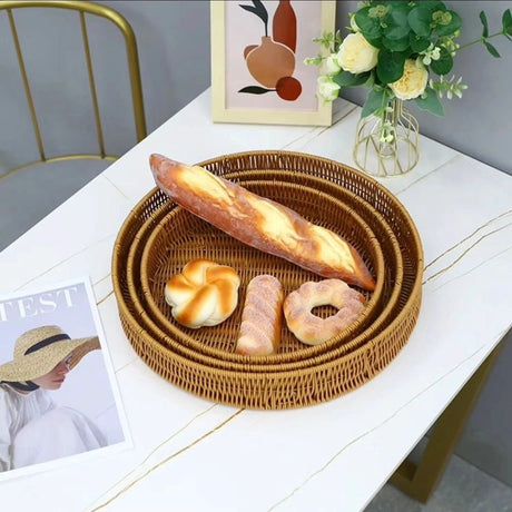 3in1 Handwoven Rattan Decorative Trays | Available in Rectangular and Circular Shapes | Ideal For Living Room, Kitchen, Or Dining Room Decor Serving Ware Decorative Trays