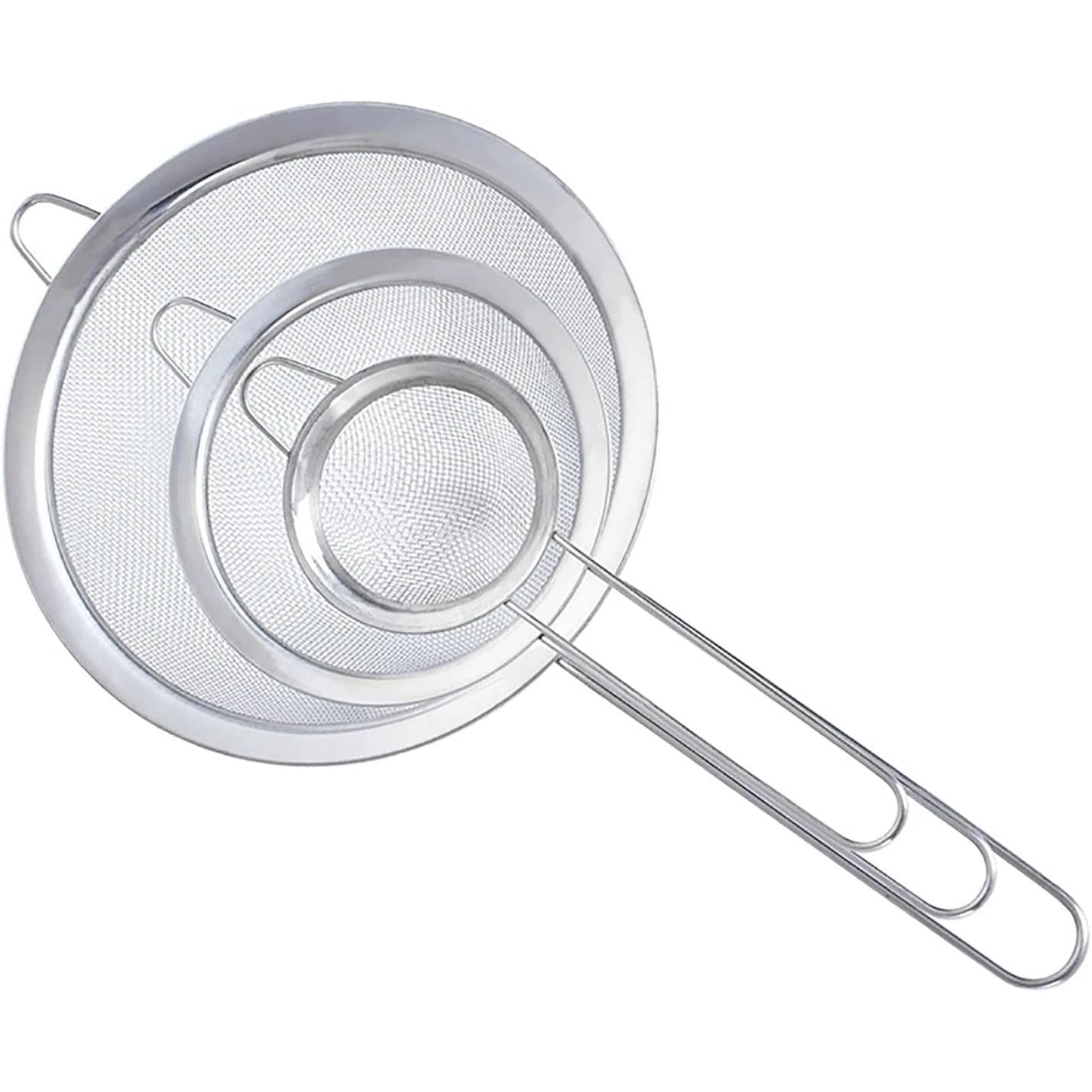 3in1 Metallic Sieve Set | Durable Stainless Steel Sifters | 10 cm, 12 cm, 14 cm | Ideal for Straining, Sifting, and Rinsing | Stackable Kitchen Tool Kitchen Gadgets Kitchen Tools & Utensils