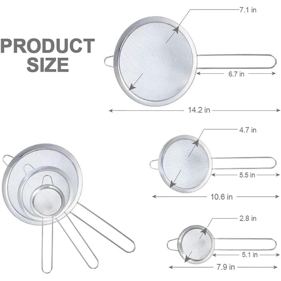 3in1 Metallic Sieve Set | Durable Stainless Steel Sifters | 10 cm, 12 cm, 14 cm | Ideal for Straining, Sifting, and Rinsing | Stackable Kitchen Tool Kitchen Gadgets Kitchen Tools & Utensils