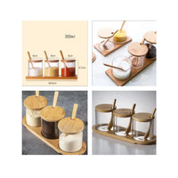 3in1 Seasoning Glass Jars Set with Bamboo Lids | MultiUse Kitchen Condiment Containers for Sugar, Salt, and Coffee plus Oval Shaped Tray Storage Containers Spice Organizers