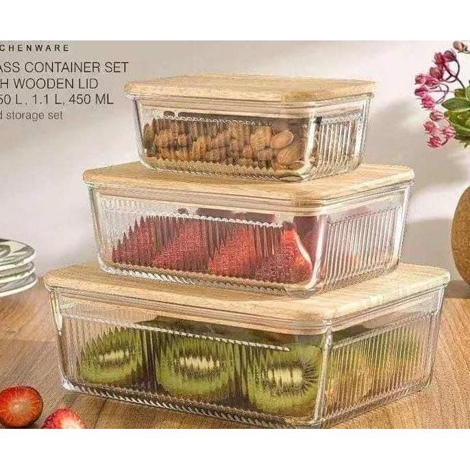 3pc Ribbed Glass Food Storage Containers with Airtight Bamboo Lids – 350ml, 800ml, 1600ml