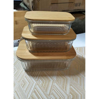 3pc Ribbed Glass Food Storage Containers with Airtight Bamboo Lids – 350ml, 800ml, 1600ml Lunch Boxes & Bottles Lunch Box Sets