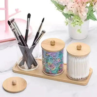3pcs Acrylic Swab Storage Organizer with Bamboo Holder – 300ml Each Storage Jars Household Storage Containers