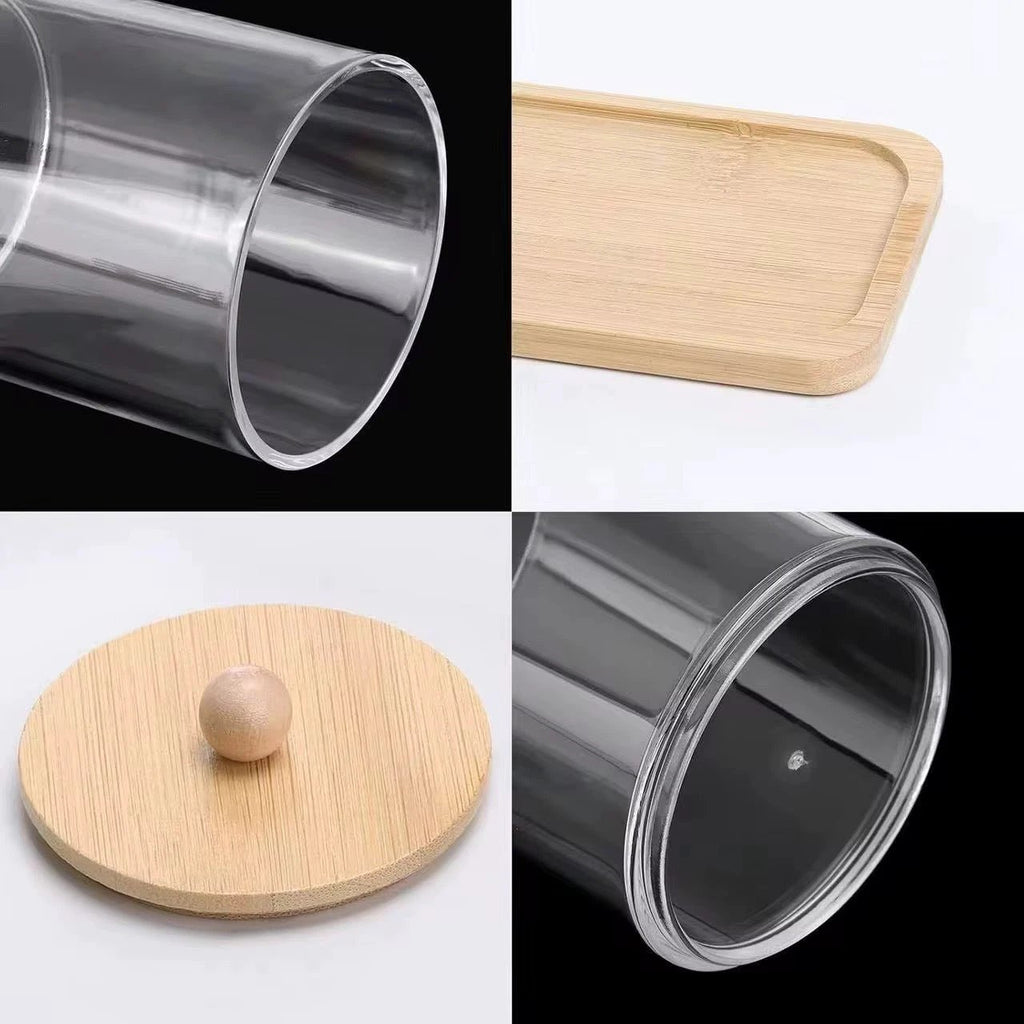 3pcs Acrylic Swab Storage Organizer with Bamboo Holder – 300ml Each Storage Jars Household Storage Containers