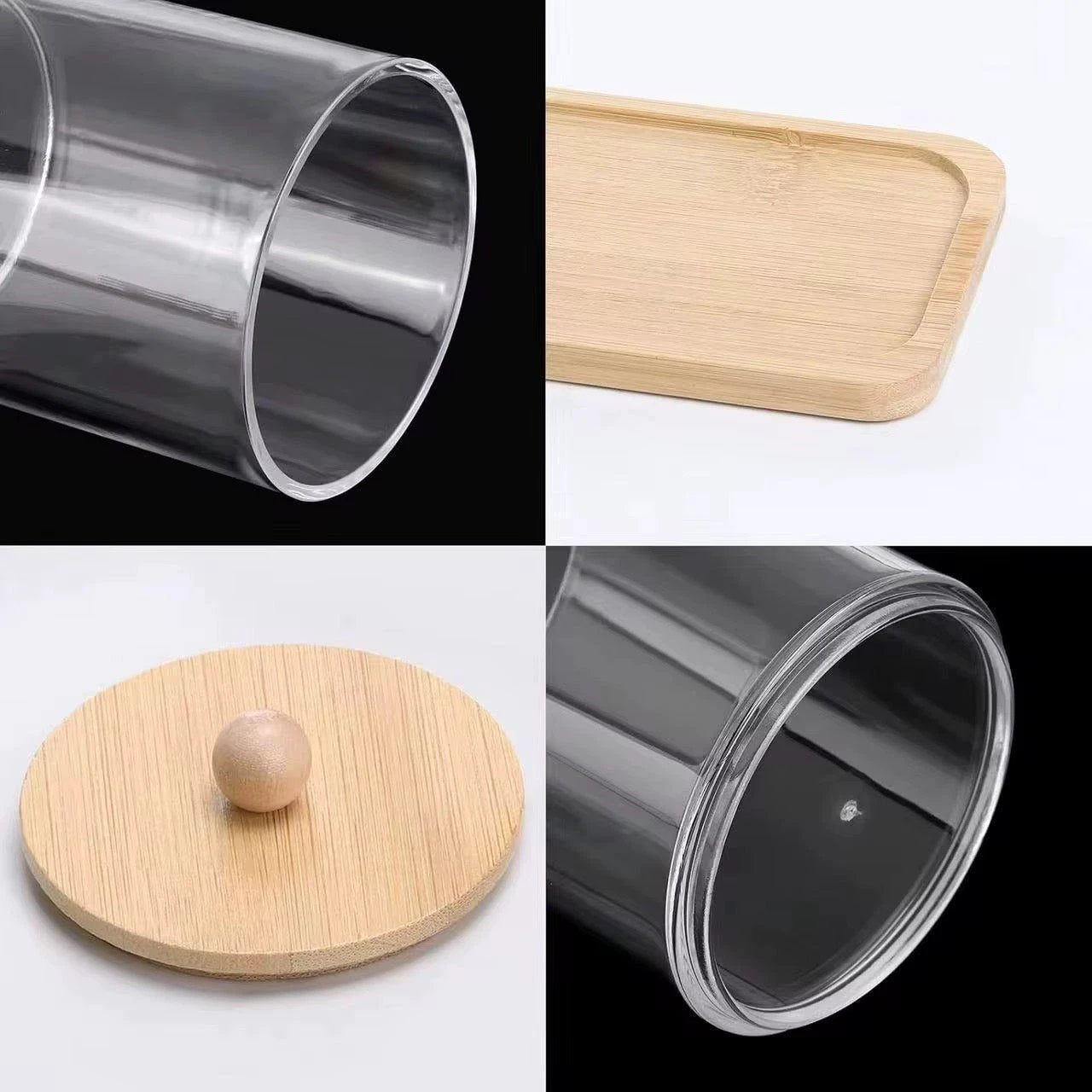 3pcs Acrylic Swab Storage Organizer with Bamboo Holder – 300ml Each Storage Jars Household Storage Containers