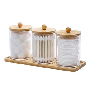 3pcs Acrylic Swab Storage Organizer with Bamboo Holder – 300ml Each Storage Jars Household Storage Containers
