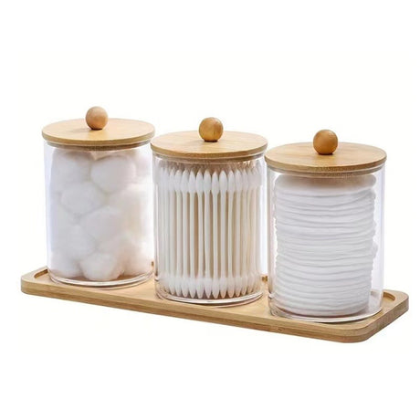 3pcs Acrylic Swab Storage Organizer with Bamboo Holder – 300ml Each