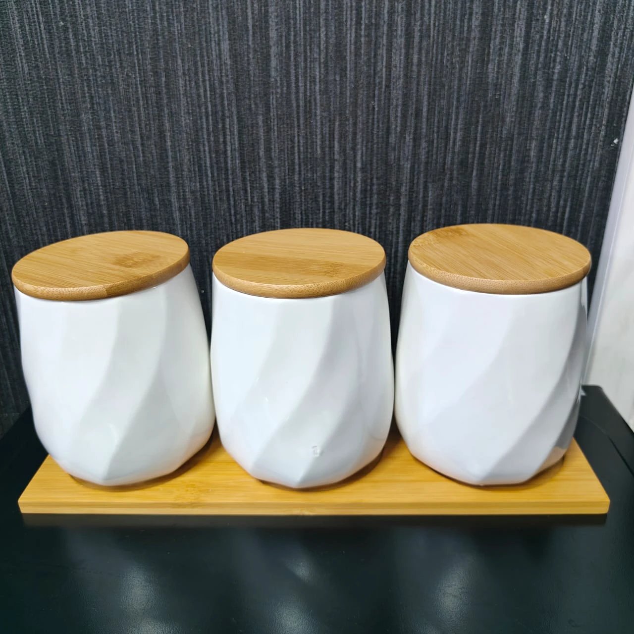 3pcs Ceramic Canisters with Bamboo Tray – Airtight 500g Storage Jars food storage Food Storage Containers