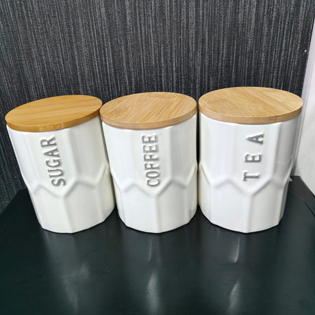 3pcs Ceramic Canisters with Bamboo Tray – Airtight 500g Storage Jars