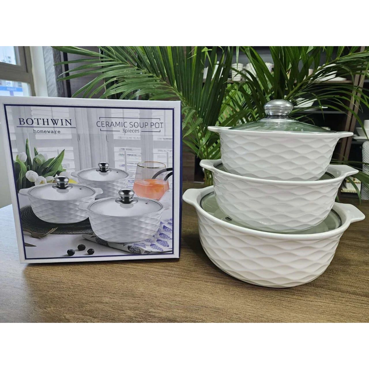 3pcs Ceramic Casserole Serving Dish Set with Glass Covers Cookware Serveware