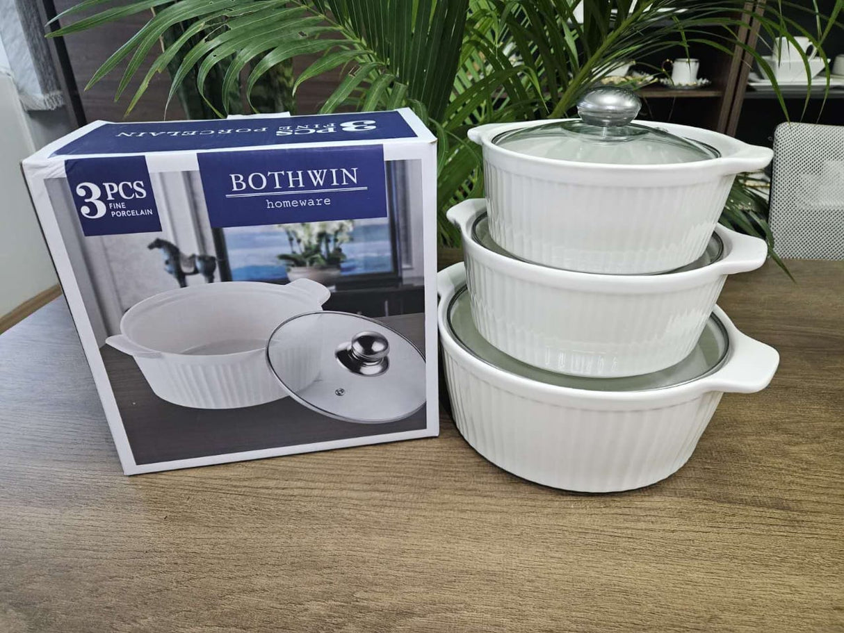 3pcs Ceramic Casserole Serving Dish Set with Glass Covers