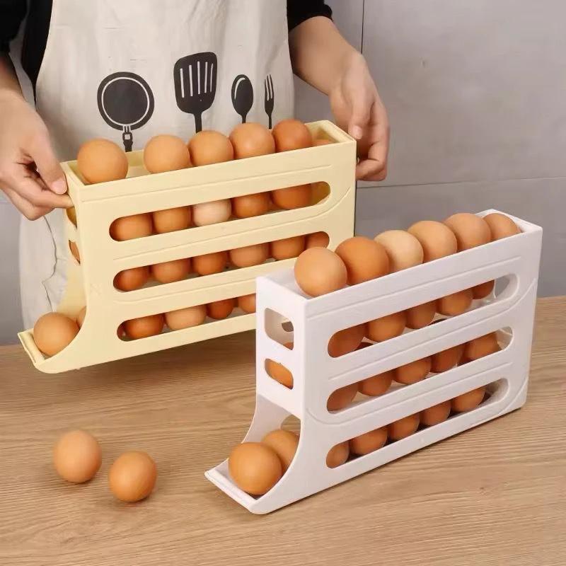 4 Layer Rolling Egg Holder Dispenser Plastic, Holds 30 Eggs, White & Beige. Storage Containers Food Storage Containers