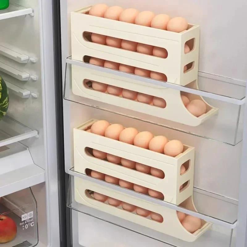4 Layer Rolling Egg Holder Dispenser Plastic, Holds 30 Eggs, White & Beige. Storage Containers Food Storage Containers