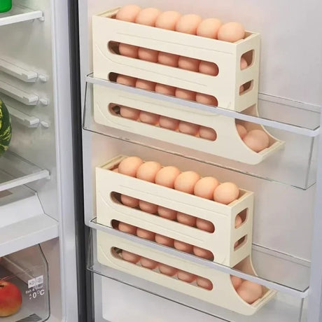 4 Layer Rolling Egg Holder Dispenser Plastic, Holds 30 Eggs, White & Beige.