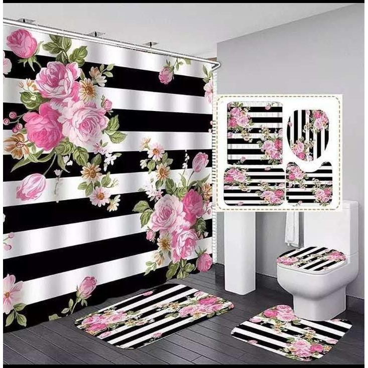 4 Pcs Set Bathroom Shower Curtain Waterproof 3D Print Includes Bath Mat U Shape Mat & Toilet Lid Cover (180cmx180cm Curtain)