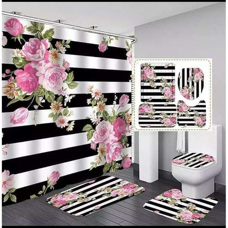 4 Pcs Set Bathroom Shower Curtain Waterproof 3D Print Includes Bath Mat U Shape Mat & Toilet Lid Cover (180cmx180cm Curtain)