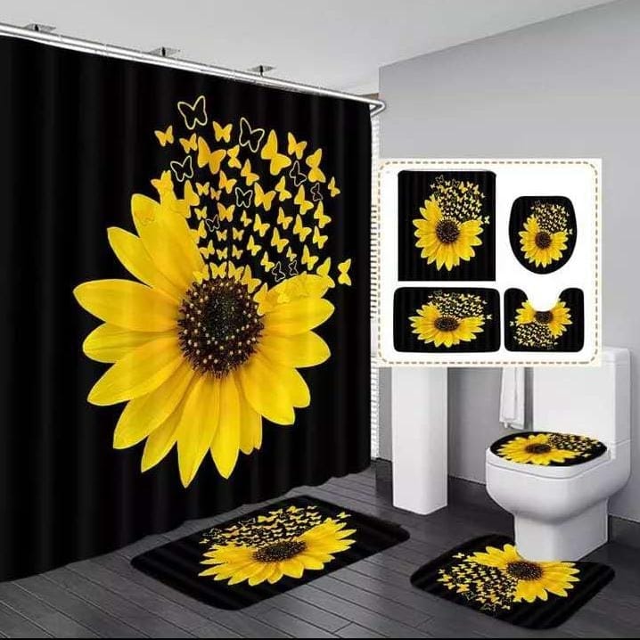 4 Pcs Set Bathroom Shower Curtain Waterproof 3D Print Includes Bath Mat U Shape Mat & Toilet Lid Cover (180cmx180cm Curtain)