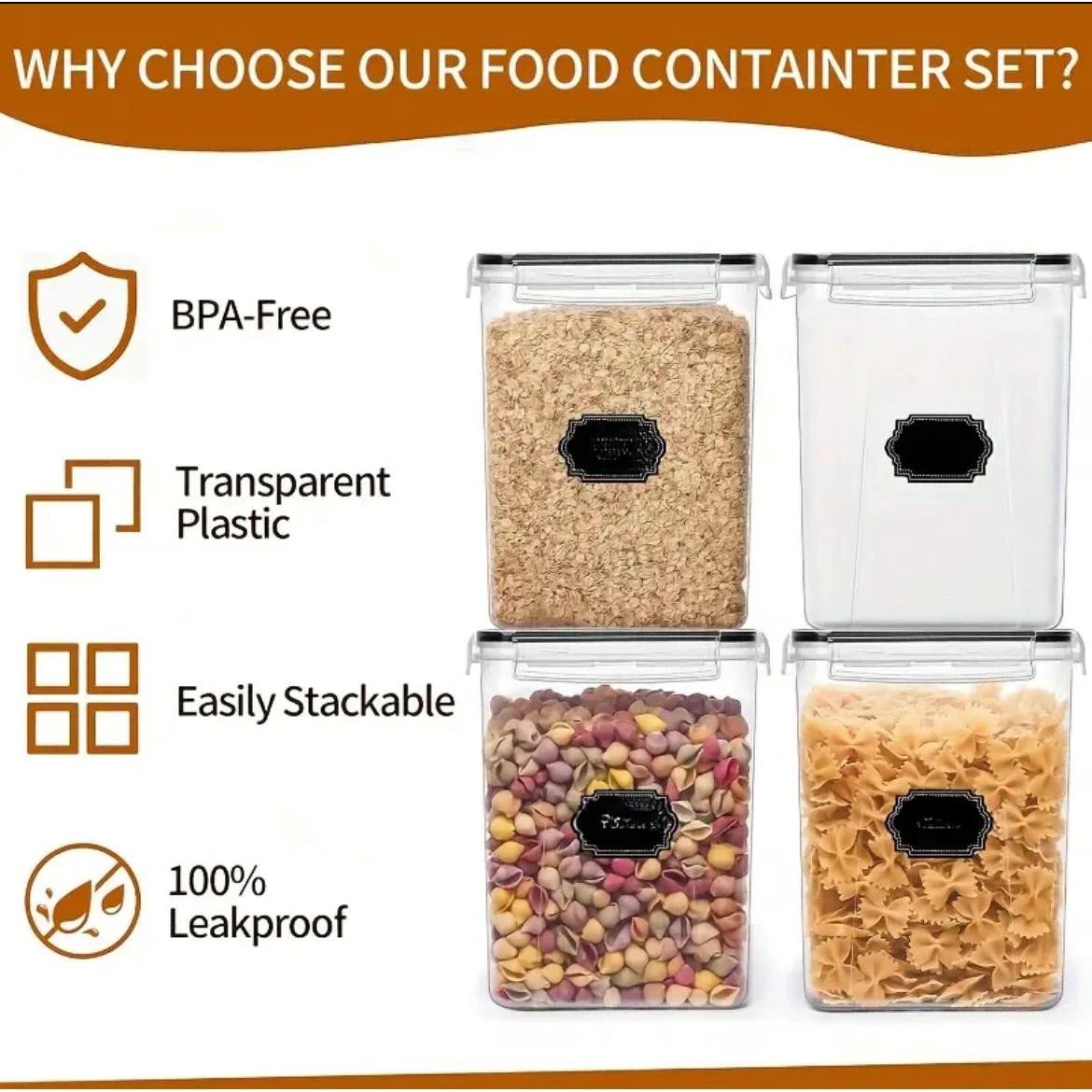 4 Piece BPA Free Airtight Food Storage Containers Set | 5.2L Capacity with Labels, Pen & Measuring Cups Kitchen Storage Food Storage Containers