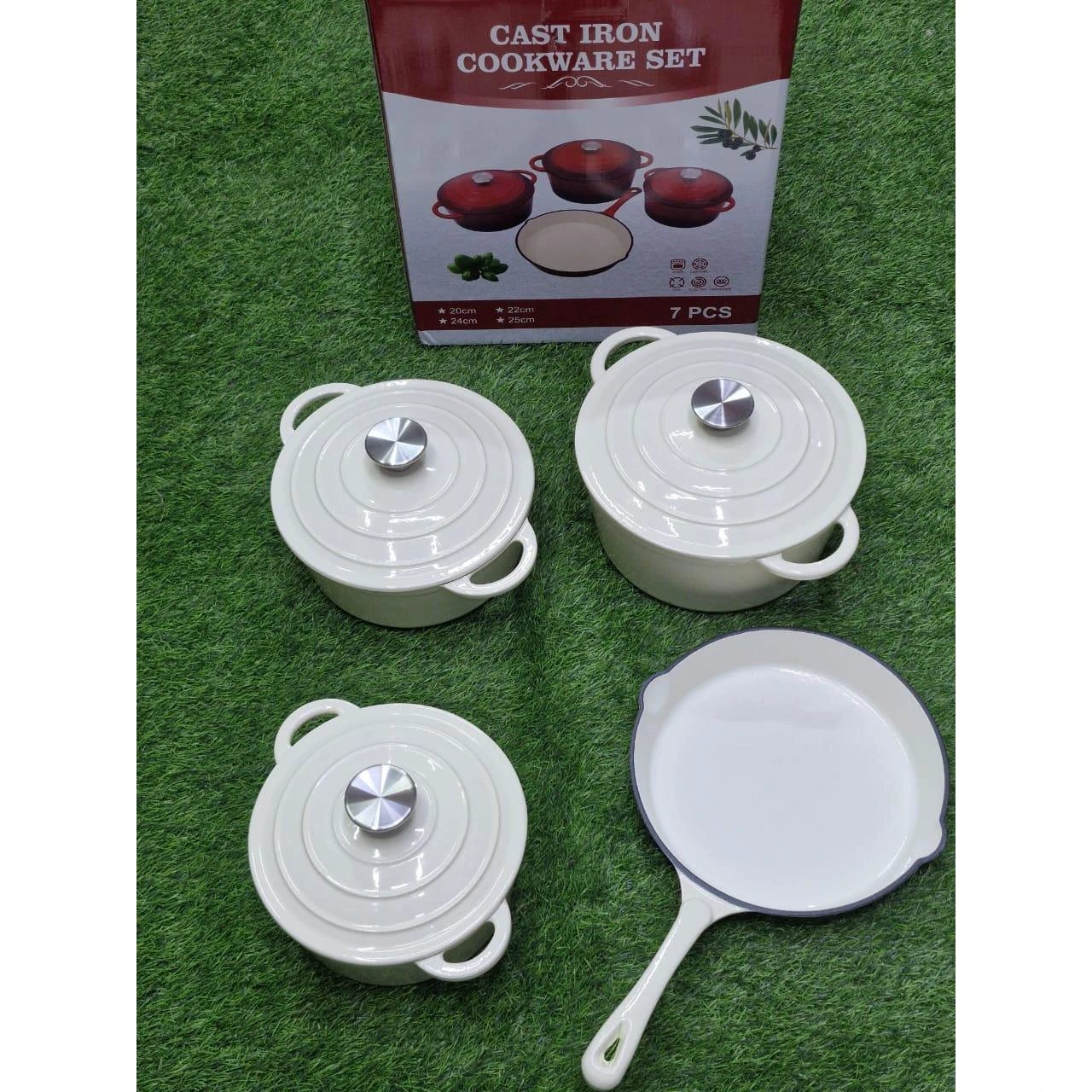 7 Piece Enamel Cast Iron Cooking Pots with Casseroles and Frying Pan Cookware Cookware Sets