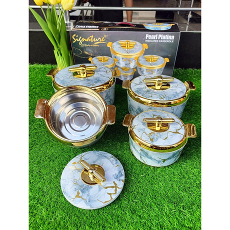 4 Piece Pearl Platina Hotpots Set (700ml, 1000ml, 1500ml, 2500ml) | Available in Blue, Grey, Pink, and Orange