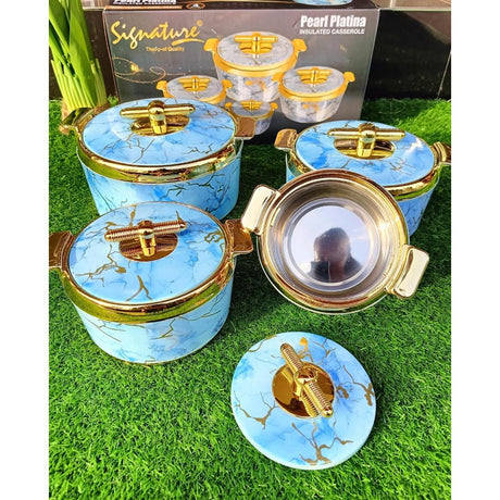 4 Piece Pearl Platina Hotpots Set (700ml, 1000ml, 1500ml, 2500ml) | Available in Blue, Grey, Pink, and Orange