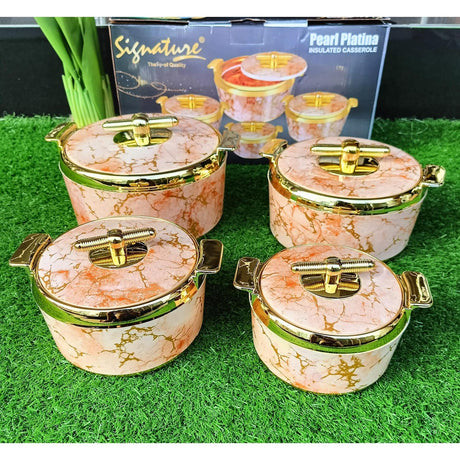 4 Piece Pearl Platina Hotpots Set (700ml, 1000ml, 1500ml, 2500ml) | Available in Blue, Grey, Pink, and Orange