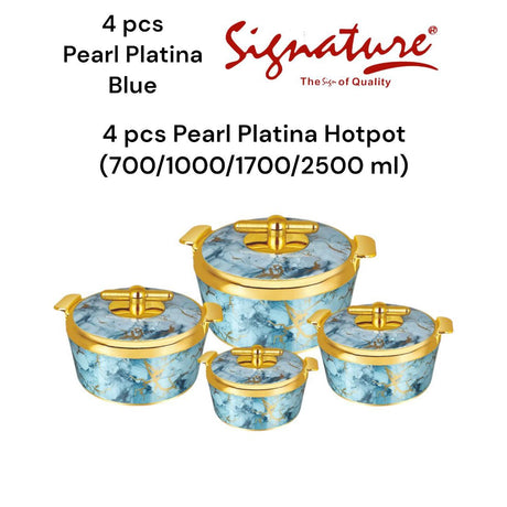 4 Piece Pearl Platina Hotpots Set (700ml, 1000ml, 1500ml, 2500ml) | Available in Blue, Grey, Pink, and Orange