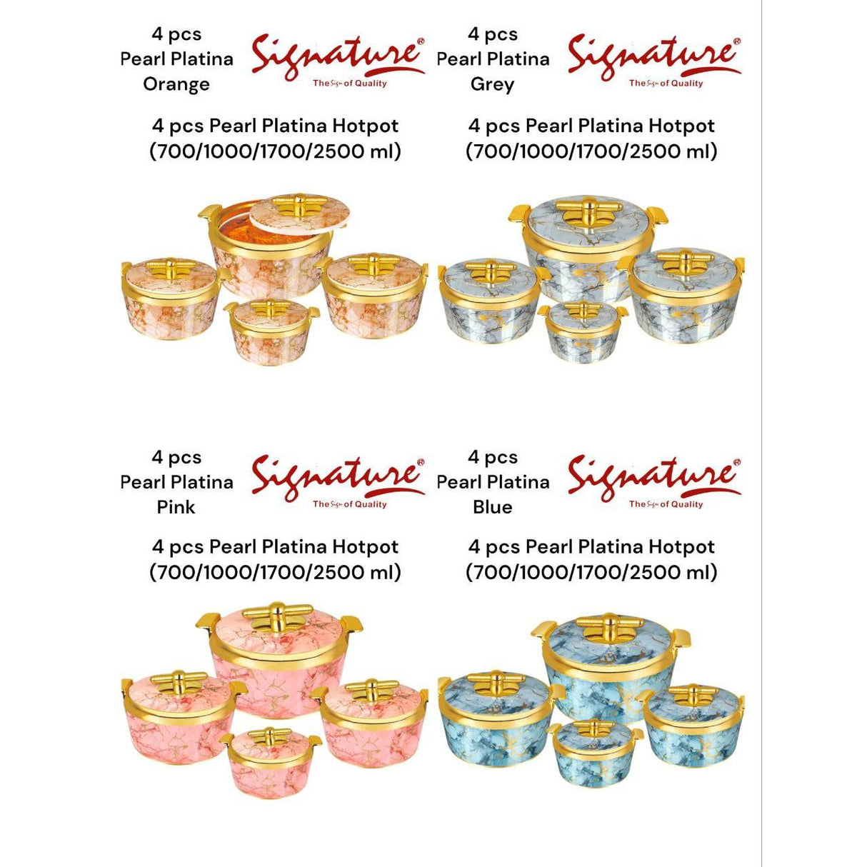 4 Piece Pearl Platina Hotpots Set (700ml, 1000ml, 1500ml, 2500ml) | Available in Blue, Grey, Pink, and Orange