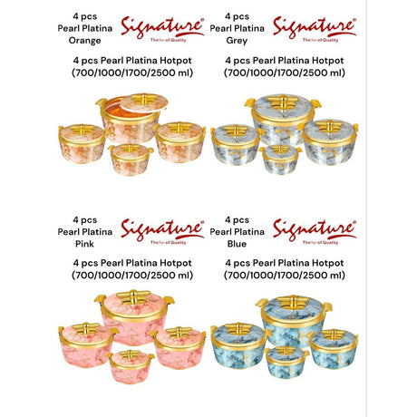 4 Piece Pearl Platina Hotpots Set (700ml, 1000ml, 1500ml, 2500ml) | Available in Blue, Grey, Pink, and Orange